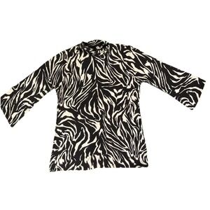 Linda Matthews Top Womens XL Black Zebra Print Cotton Knit Turtleneck 3/4 Sleeve